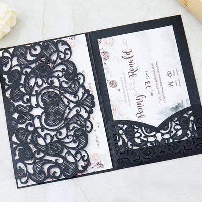 (10 τεμάχια/παρτίδα) Προσκλητήριο γάμου μαύρης τσέπης με κοπή με λέιζερ με ευχαριστήρια κάρτα Προσωπικό Τριπλό Προσκλητήριο Γενεθλίων XV IC136