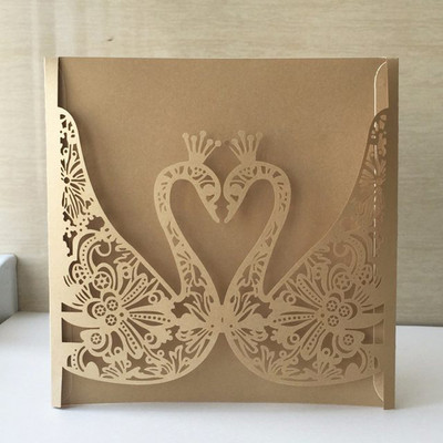 (30 tk/partii) Laser Cut Gold Swan Design Pulmakutsed Läikiv paberkaart sünnipäevaks äripeo kaunistamiseks IC130
