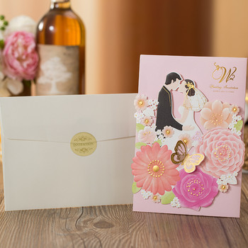 1 бр. Розова булка и младоженец, лазерно изрязани сватбени покани, картичка, елегантна поздравителна картичка, плик, персонализирана украса за сватбено тържество