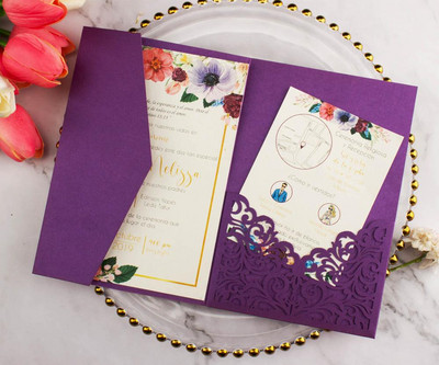 10 tk Elegantne Burgundia kolmeosaline taskuvoldik, laserlõigatud pulmakutsed Kohandatav kolmeosaline taskukaardivärav peo jaoks