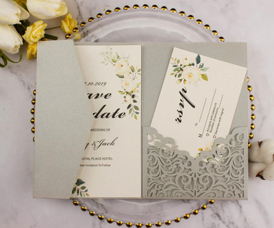 10 tk Elegantne Burgundia kolmeosaline taskuvoldik, laserlõigatud pulmakutsed Kohandatav kolmeosaline taskukaardivärav peo jaoks