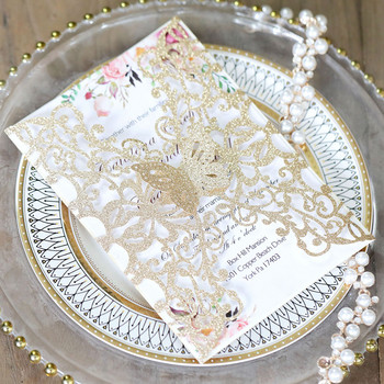 10 τμχ/παρτίδα Προσκλητήριο Προσκλητήριο Γαμήλιας Κάρτας Προσαρμοσμένο Χρώμα Glitter Κενή εσωτερική σελίδα Κάρτες γάμου Ευχετήρια κάρτα με πεταλούδα