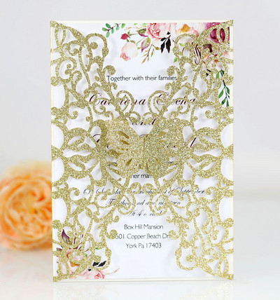 10 kom/lot Prilagođena svjetlucava čestitka u boji Pozivnica za vjenčanje Prazna unutarnja stranica Čestitke za vjenčanje Čestitka s leptirom