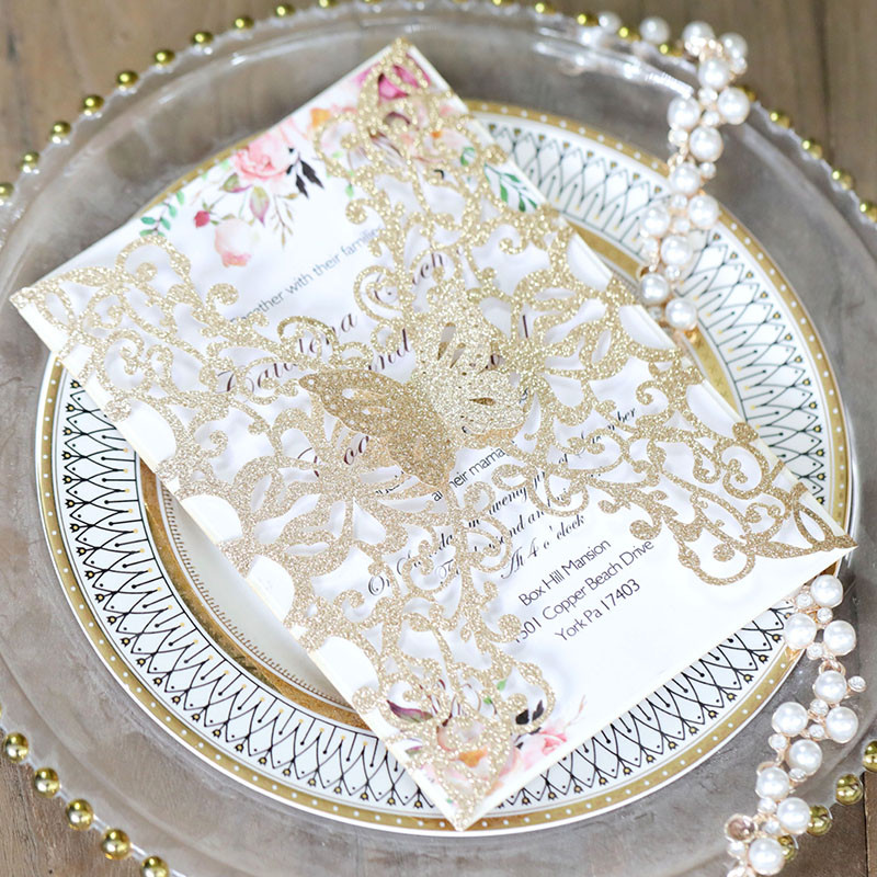 10 kom/lot Prilagođena svjetlucava čestitka u boji Pozivnica za vjenčanje Prazna unutarnja stranica Čestitke za vjenčanje Čestitka s leptirom