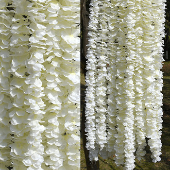2бр. Гирлянда от глициния Изкуствена копринена цветна лоза за дома Бяла сватбена градинска украса Ратанова висяща стена Фалшиви цветя