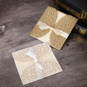 10 τεμ. Laser Cut Floral Προσκλητήρια Γάμου Κάρτα Δαντέλα Ευχετήρια κάρτα Προσαρμοσμένη με Κορδέλα Αρραβώνα γενεθλίων Προμήθειες γάμου