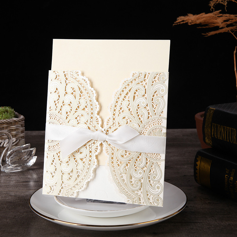 10 tk Laserlõigatud lillelised pulmakutsed kaardid, pitsist, lindiga kohandatud õnnitluskaart sünnipäevaks pulmapeo tarvikud