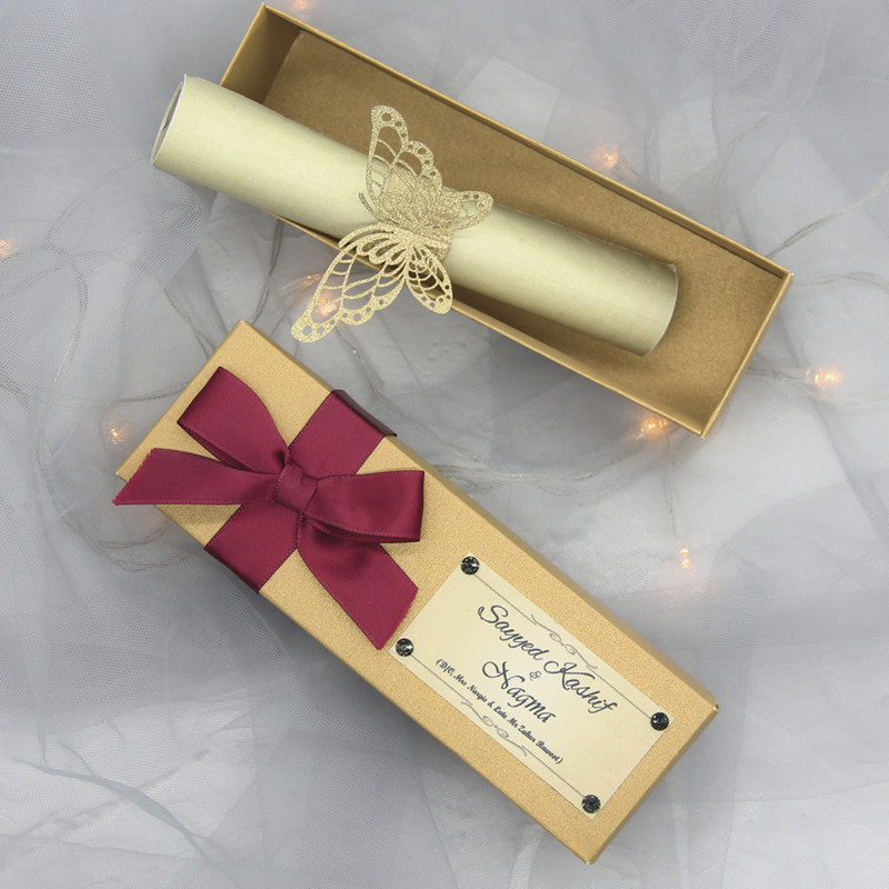 Prindi kohandatud kutsed Laser Cut šampanja Kuldse sädelega pulmakutsed Käsitsi valmistatud DIY pulmakaardid välise karbiga