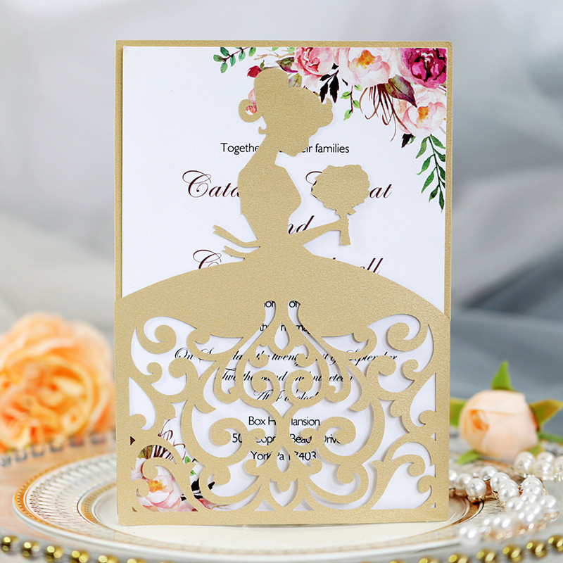 25 tk Creative Treasure Tüdruku pulmakutsed pärlpaberiga Laserlõigatud kutsega Õnnitluskaardid Beebi dušš tänukaart