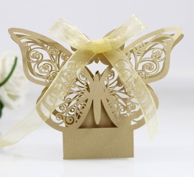 10 tk Laserlõigatud õõnes šokolaadikommikarp kullast liblikaga pakkekarbid paeltega hulgimüük Pulmapeo teenete pakkimine