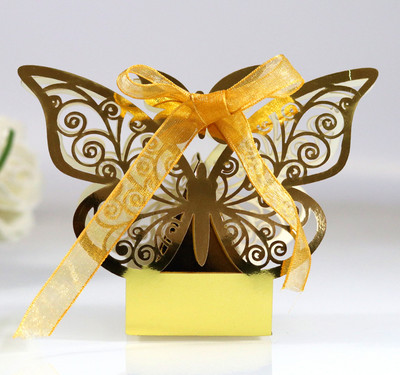 10 tk Laserlõigatud õõnes šokolaadikommikarp kullast liblikaga pakkekarbid paeltega hulgimüük Pulmapeo teenete pakkimine