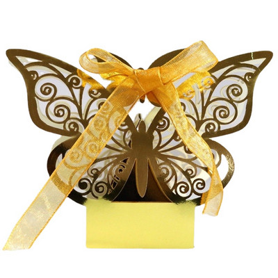 10 buc. Cutie de bomboane de ciocolată goală tăiată cu laser, cutii de ambalare cu fluture de aur, vânzare cu ridicata cu panglici, ambalaj pentru favoruri pentru petrecerea de nuntă