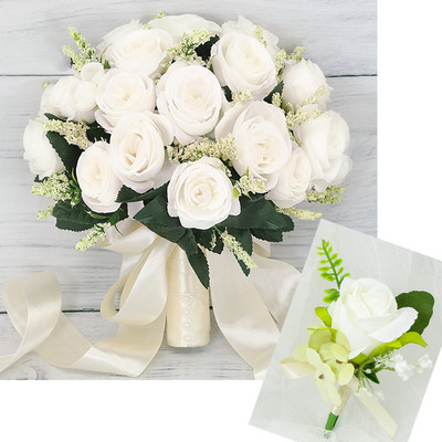 Γαμήλια ανθοδέσμη για νύφη παράνυμφο Αξεσουάρ γάμου Κρατώντας τεχνητά λουλούδια κορδέλα Μπουκέτο νύφης Μπουτονιέρα γάμου