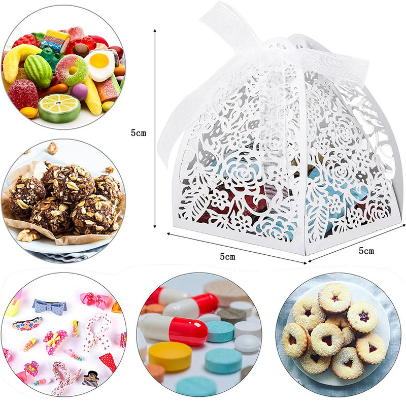 Uus 50/100 tk lindiga püramiid-laserlõigatud pulmakommi kingitus šokolaadikarp valge roosa