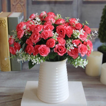 15 глави Мини рози Изкуствено цвете Оформление на сватбена сцена Цветя Бюро за всекидневна Декорация на дома Фалшиви аксесоари за цветя