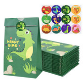 12 τμχ Cartoon Dinosaur Favor Χάρτινες τσάντες με αυτοκόλλητα Dino Roar Birthday Candy packing bags for Kids Jungle Party Supplies