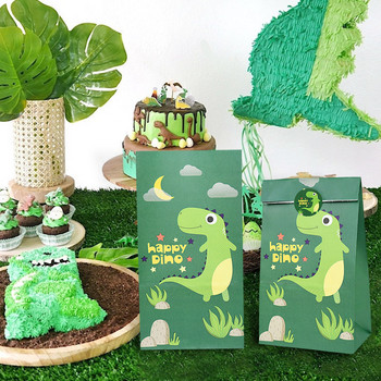 12 τμχ Cartoon Dinosaur Favor Χάρτινες τσάντες με αυτοκόλλητα Dino Roar Birthday Candy packing bags for Kids Jungle Party Supplies