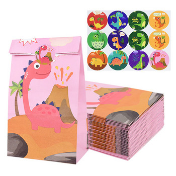 12Pcs Cartoon Dinosaur Favor Подаръчни хартиени торби със стикери Dino Roar Birthday Candy Опаковъчни чанти за деца Jungle парти консумативи