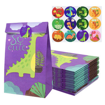 12 τμχ Cartoon Dinosaur Favor Χάρτινες τσάντες με αυτοκόλλητα Dino Roar Birthday Candy packing bags for Kids Jungle Party Supplies