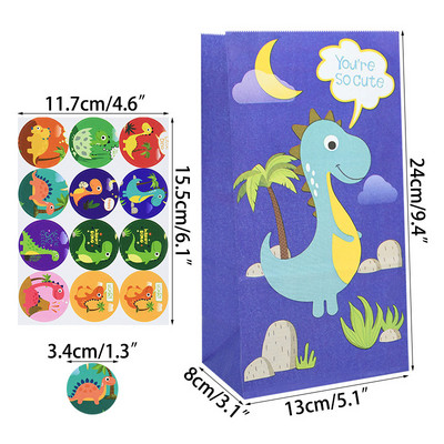 12 τμχ Cartoon Dinosaur Favor Χάρτινες τσάντες με αυτοκόλλητα Dino Roar Birthday Candy packing bags for Kids Jungle Party Supplies