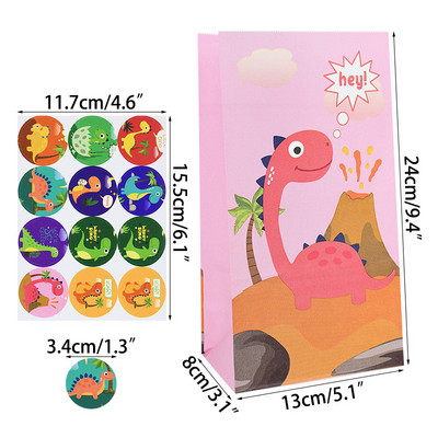 12 τμχ Cartoon Dinosaur Favor Χάρτινες τσάντες με αυτοκόλλητα Dino Roar Birthday Candy packing bags for Kids Jungle Party Supplies