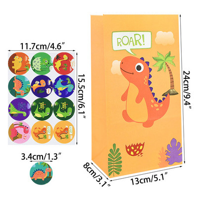 12 τμχ Cartoon Dinosaur Favor Χάρτινες τσάντες με αυτοκόλλητα Dino Roar Birthday Candy packing bags for Kids Jungle Party Supplies