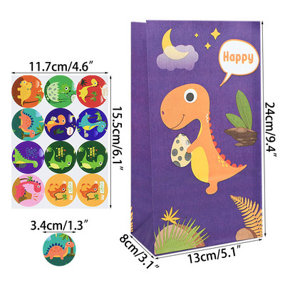 12 τμχ Cartoon Dinosaur Favor Χάρτινες τσάντες με αυτοκόλλητα Dino Roar Birthday Candy packing bags for Kids Jungle Party Supplies