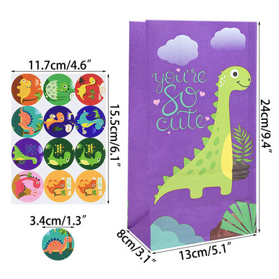 12 τμχ Cartoon Dinosaur Favor Χάρτινες τσάντες με αυτοκόλλητα Dino Roar Birthday Candy packing bags for Kids Jungle Party Supplies