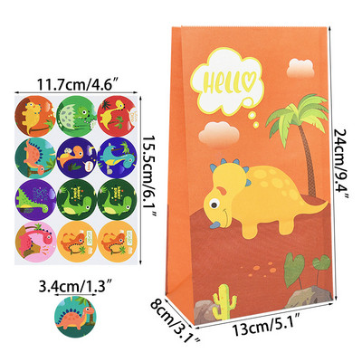 12 τμχ Cartoon Dinosaur Favor Χάρτινες τσάντες με αυτοκόλλητα Dino Roar Birthday Candy packing bags for Kids Jungle Party Supplies