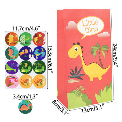 12 τμχ Cartoon Dinosaur Favor Χάρτινες τσάντες με αυτοκόλλητα Dino Roar Birthday Candy packing bags for Kids Jungle Party Supplies