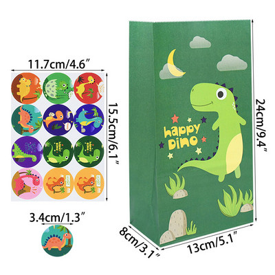 12 τμχ Cartoon Dinosaur Favor Χάρτινες τσάντες με αυτοκόλλητα Dino Roar Birthday Candy packing bags for Kids Jungle Party Supplies