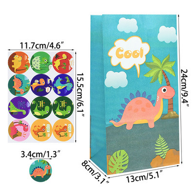 12 τμχ Cartoon Dinosaur Favor Χάρτινες τσάντες με αυτοκόλλητα Dino Roar Birthday Candy packing bags for Kids Jungle Party Supplies