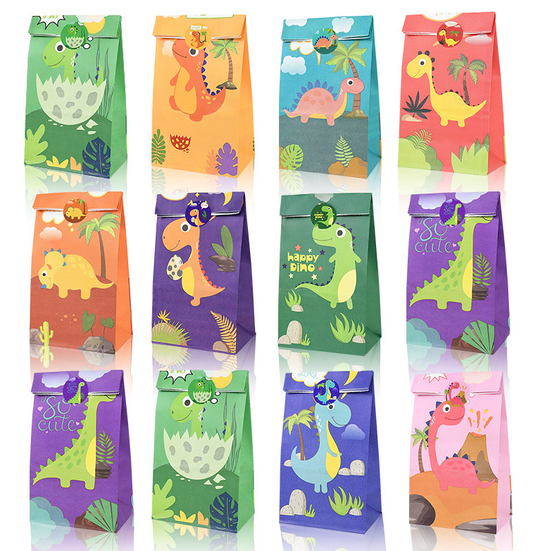 12 τμχ Cartoon Dinosaur Favor Χάρτινες τσάντες με αυτοκόλλητα Dino Roar Birthday Candy packing bags for Kids Jungle Party Supplies