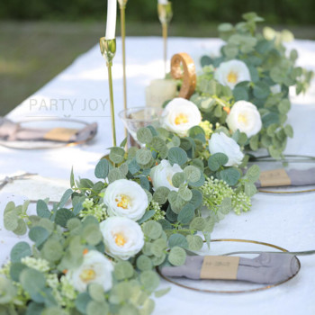2M изкуствен гирлянд от евкалипт с бели рози Изкуствени цветя Лоза Зеленина Растения за сватбена стая Стенен парти Декор