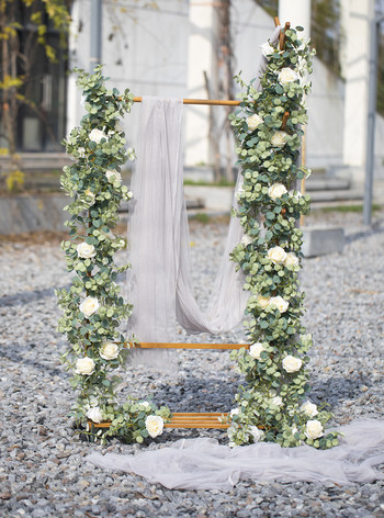 2M изкуствен гирлянд от евкалипт с бели рози Изкуствени цветя Лоза Зеленина Растения за сватбена стая Стенен парти Декор