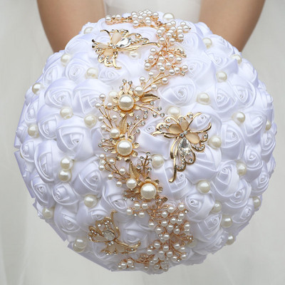 Луксозни чисто бели сватбени букети за булка и шаферка Изящна панделка с кристали Роза Ръчно изработени сватбени реквизити