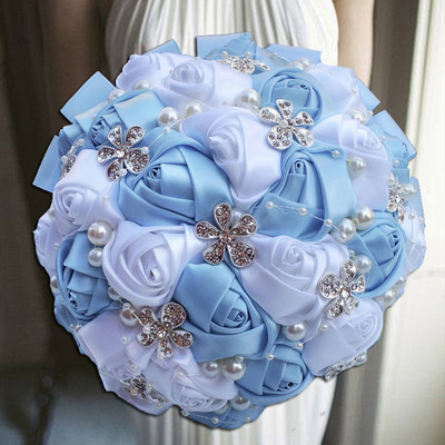 Kollased kuningsinised pulmakimbud kristallist pruudikimpudega pruutneitsi kunstsatiinroosid pruutlilled