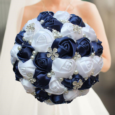 Kollased kuningsinised pulmakimbud kristallist pruudikimpudega pruutneitsi kunstsatiinroosid pruutlilled