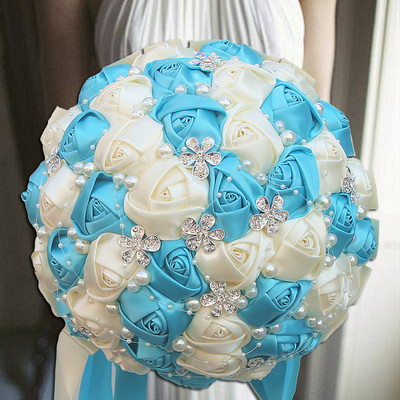 Kollased kuningsinised pulmakimbud kristallist pruudikimpudega pruutneitsi kunstsatiinroosid pruutlilled