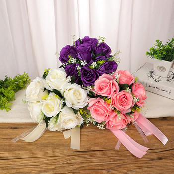 Копринени сватбени букети, държащи цветя, изкуствени естествени рози, сватбен букет, бяло шампанско, шаферка, булчинско парти