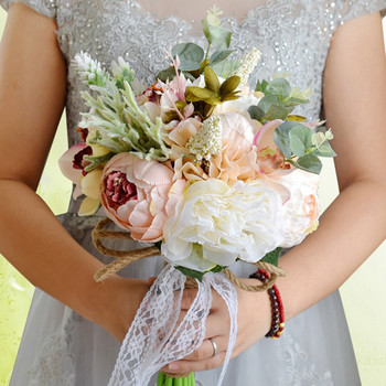 Изкуствен божур Букет от рози за булката Шаферка Ръчно изработен сватбен букет Копринен булчински букет с цвете