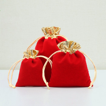 10 бр./Партида Коледен пакет Златна кадифена торбичка с шнур Големи фланелени чанти за бижута Сватбен джоб за бонбони