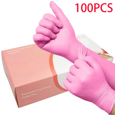 100PCS розови нитрилни ръкавици за еднократна употреба без латекс, водоустойчиви антистатични издръжливи универсални работни ръкавици Кухненски инструменти за готвене