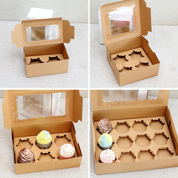 10 τμχ Κουτί συσκευασίας για cupcake από χαρτί Kraft με παράθυρο από χαρτόνι για κέικ μπισκότα μάφιν Μπομπονιέρες για πάρτι γάμου 4 μεγέθη