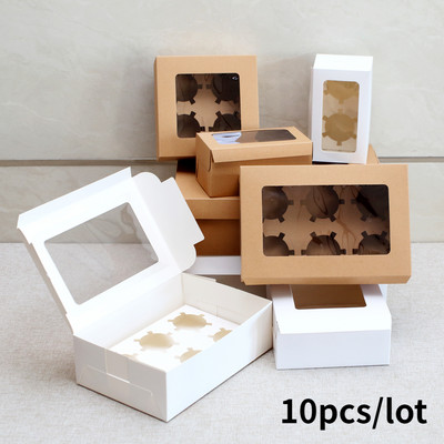 10 τμχ Κουτί συσκευασίας για cupcake από χαρτί Kraft με παράθυρο από χαρτόνι για κέικ μπισκότα μάφιν Μπομπονιέρες για πάρτι γάμου 4 μεγέθη