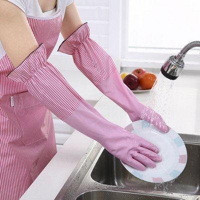 Fashion Cuffed Fleece Ζεστά γάντια οικιακής χρήσης Καθαρισμός κουζίνας Ανθεκτικά γάντια από καουτσούκ για πλύσιμο πιάτων