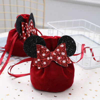 Cute Mouse Bow Кадифени торбички за подаръци Сватбени бонбони Чанта за опаковане на шоколад Органайзер за бижута Favor Box Опаковка с шнур Коледен декор
