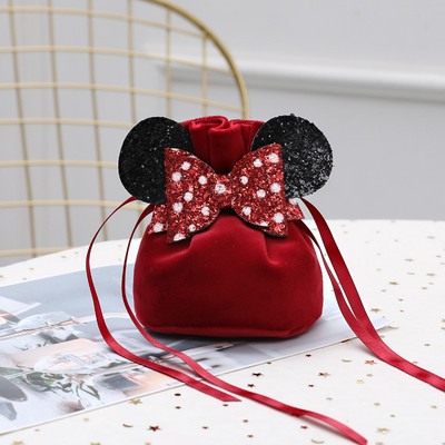 Cute Mouse Bow Кадифени торбички за подаръци Сватбени бонбони Чанта за опаковане на шоколад Органайзер за бижута Favor Box Опаковка с шнур Коледен декор