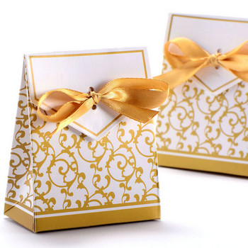 10 бр./лот Златна, сребърна хартиена кутия за бонбони с панделка Подаръчни торбички Сватбени сувенири Захарна кутия Декор за парти за рожден ден Mariage Casamento