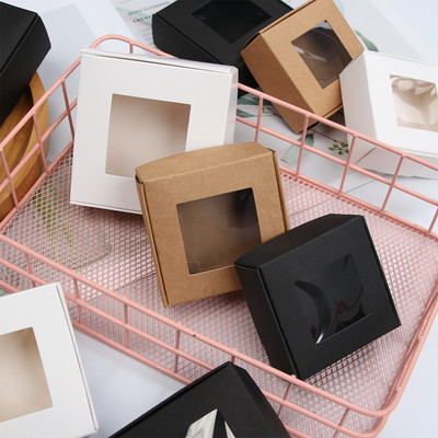 Cutie de hârtie kraft, 10 buc., carton maro/negru/alb, realizat manual, cutie de săpun pentru fereastră din PVC transparent, cutie de bomboane de nuntă din hârtie artizanală 2021